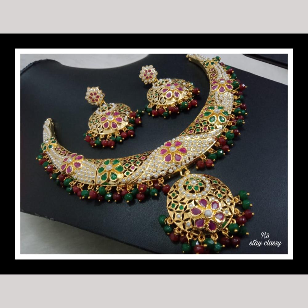 FS Collection Royal Gold Plated Necklace Set with Pota Beads and Pearls