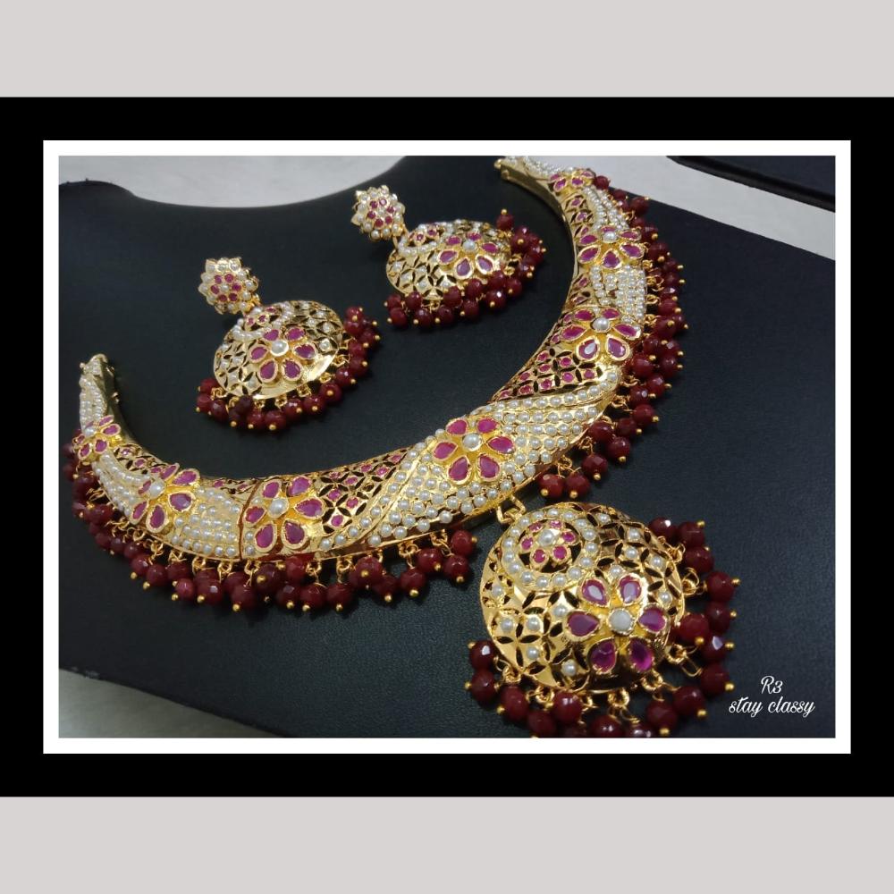 FS Collection Royal Gold Plated Necklace Set with Pota Beads and Pearls