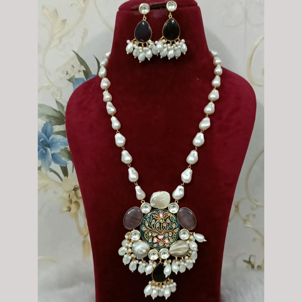 FS Collection Elegant Gold Plated Multi-Color Crystal and Mother of Pearls Long Necklace Set