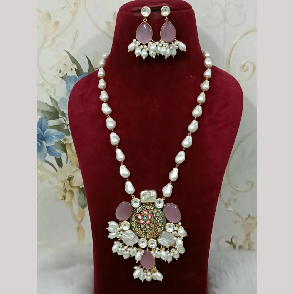 FS Collection Elegant Gold Plated Multi-Color Crystal and Mother of Pearls Long Necklace Set