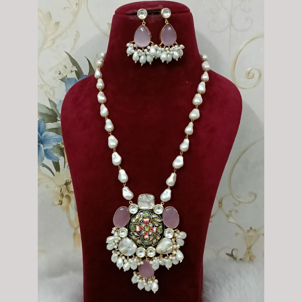 FS Collection Elegant Gold Plated Multi-Color Crystal and Mother of Pearls Long Necklace Set