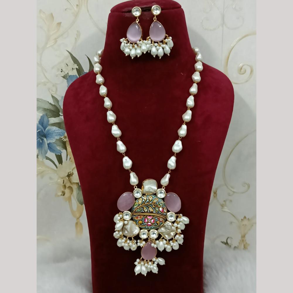 FS Collection Elegant Gold Plated Multi-Color Crystal and Mother of Pearls Long Necklace Set