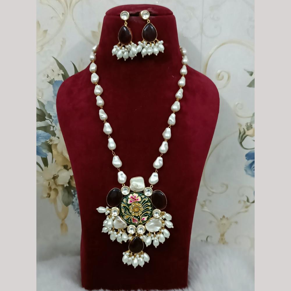 FS Collection Elegant Gold Plated Multi-Color Crystal and Mother of Pearls Long Necklace Set