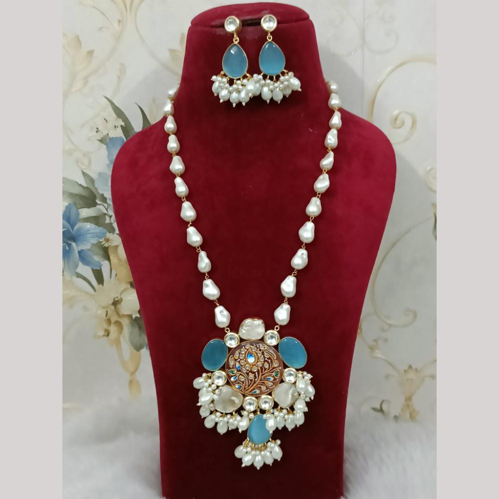 FS Collection Elegant Gold Plated Multi-Color Crystal and Mother of Pearls Long Necklace Set
