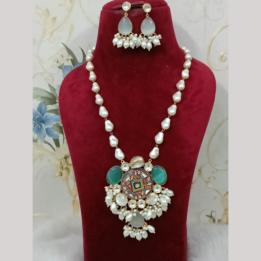 FS Collection Elegant Gold Plated Multi-Color Crystal and Mother of Pearls Long Necklace Set