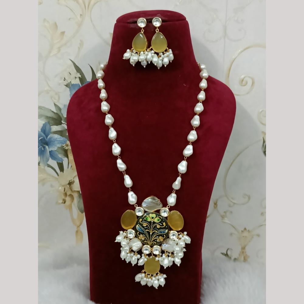 FS Collection Elegant Gold Plated Multi-Color Crystal and Mother of Pearls Long Necklace Set