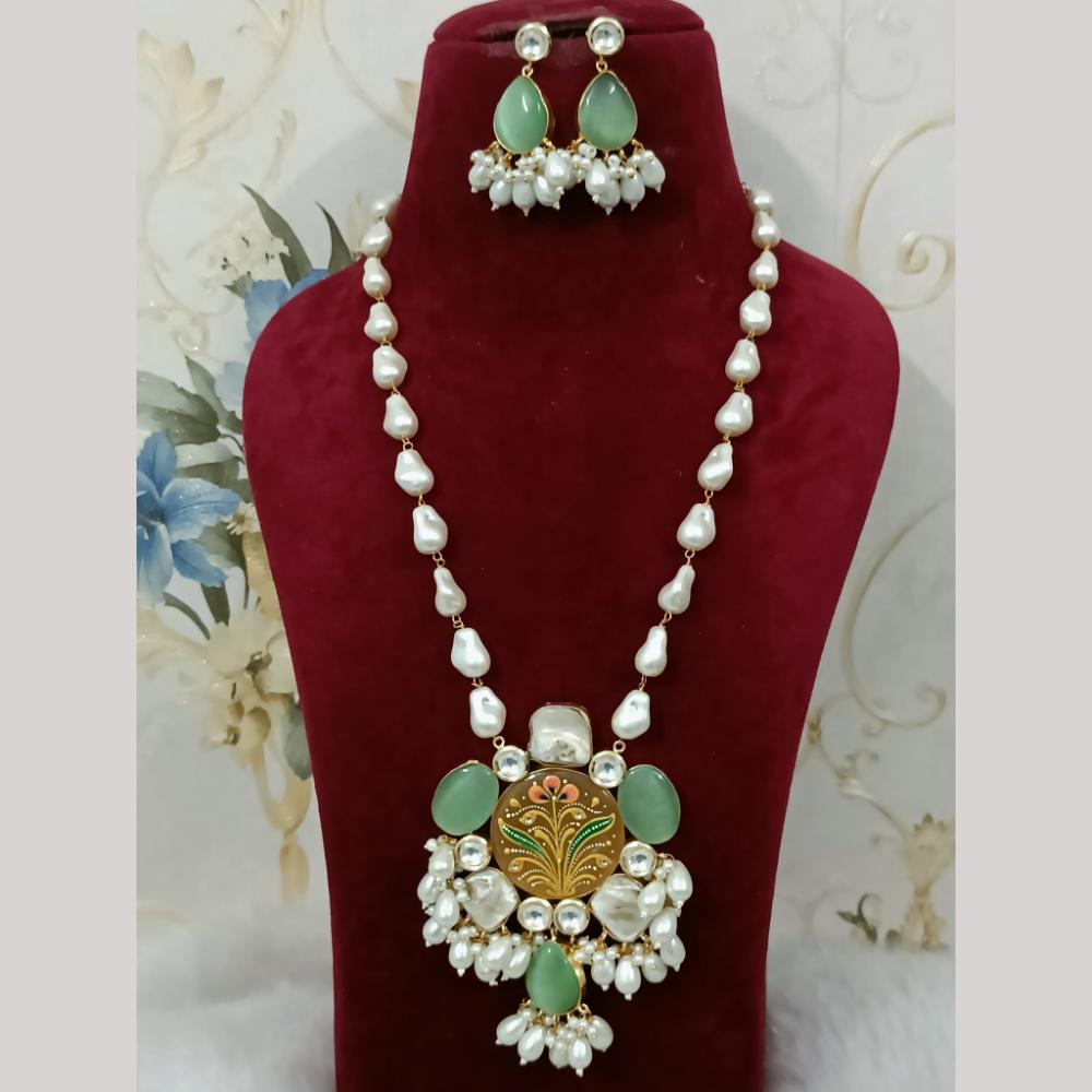 FS Collection Elegant Gold Plated Multi-Color Crystal and Mother of Pearls Long Necklace Set