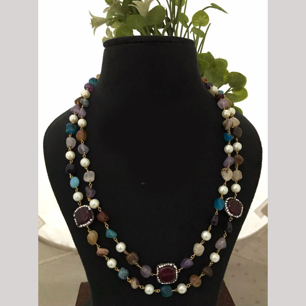 FS Collection Gold Plated Brass Long Necklace with Elegant Marble Beads