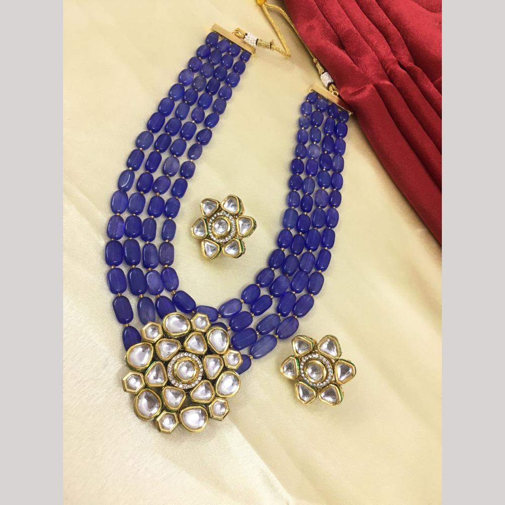 FS Collection Designer Gold Plated Kundan & Beads Long Necklace Set