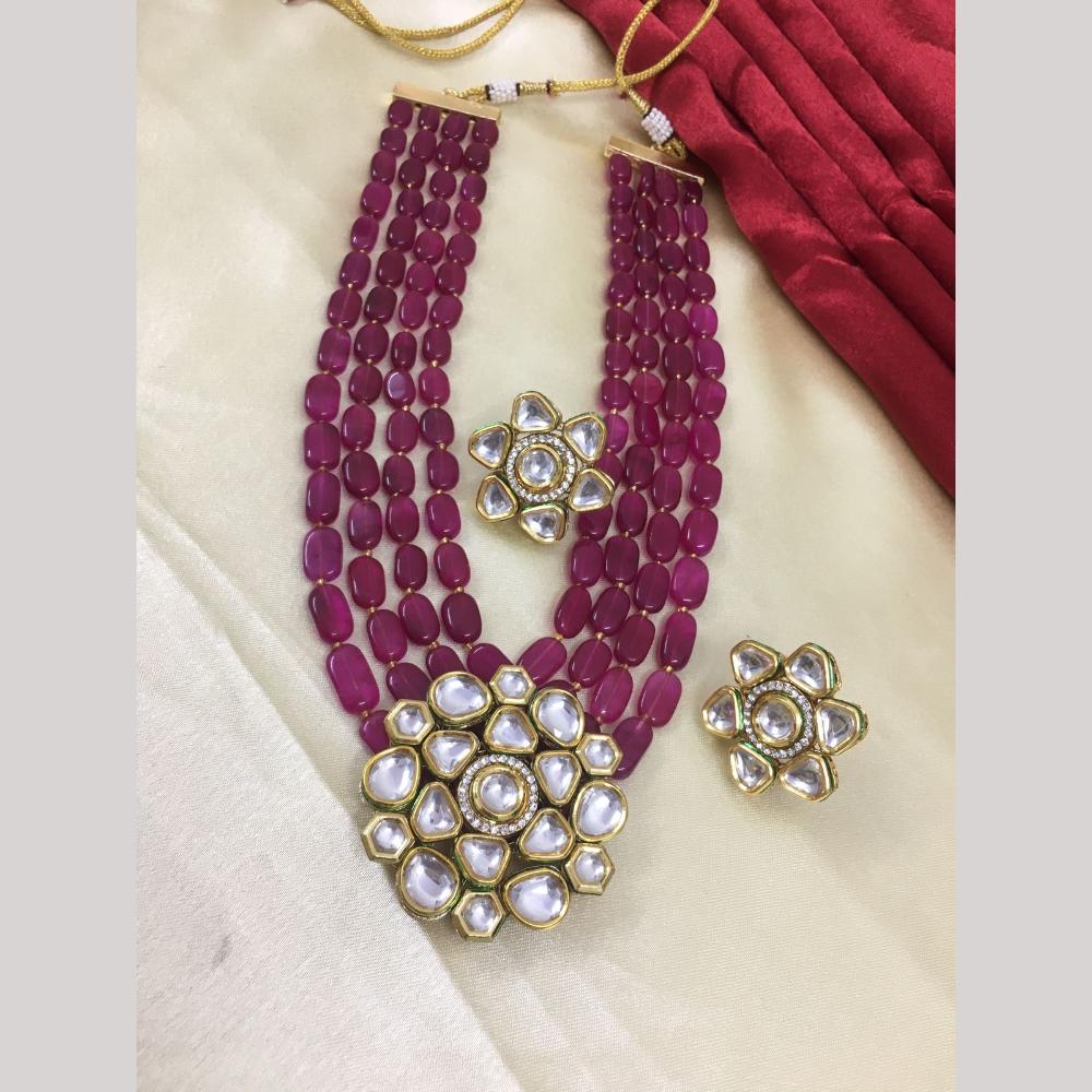 FS Collection Designer Gold Plated Kundan & Beads Long Necklace Set