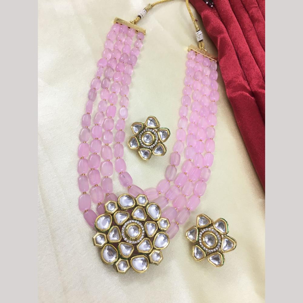 FS Collection Designer Gold Plated Kundan & Beads Long Necklace Set