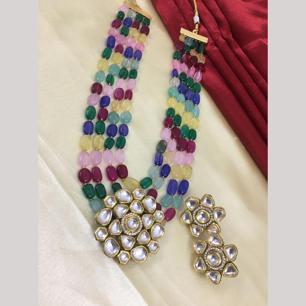 FS Collection Designer Gold Plated Kundan & Beads Long Necklace Set