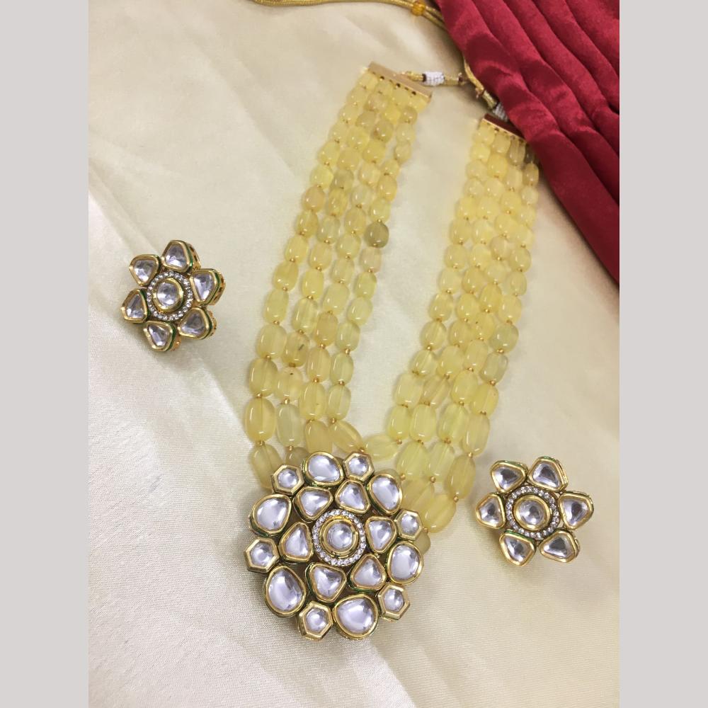FS Collection Designer Gold Plated Kundan & Beads Long Necklace Set