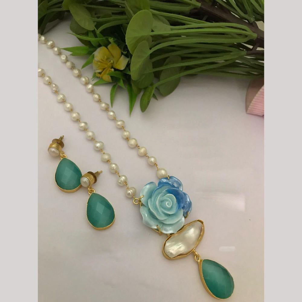FS Collection Designer Gold Plated Mother of Pearls Rose Stylish Long Necklace Set