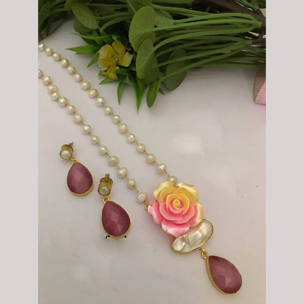 FS Collection Designer Gold Plated Mother of Pearls Rose Stylish Long Necklace Set