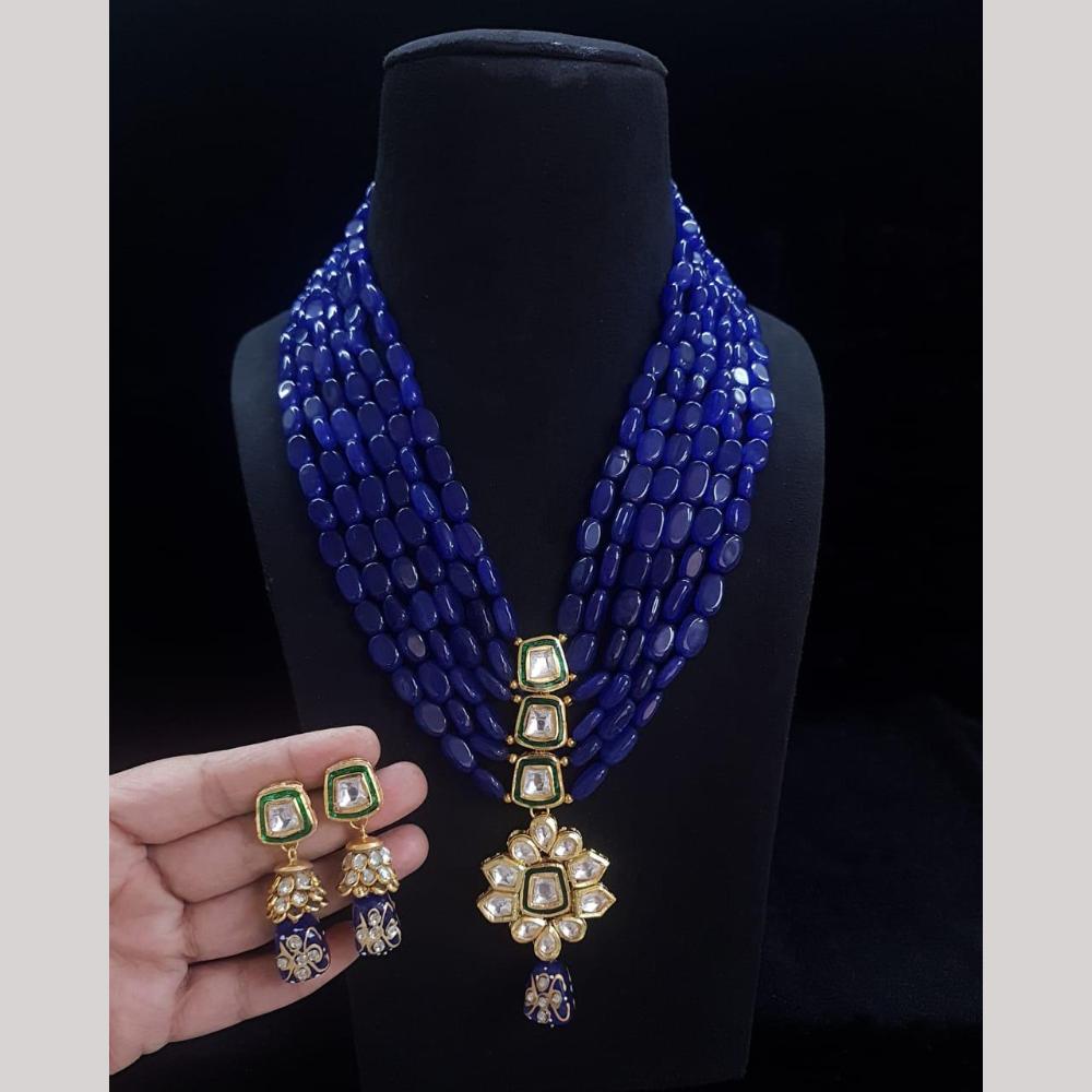 FS Collection Designer Gold Plated Kundan & Beads Multi Layer Long Necklace Set