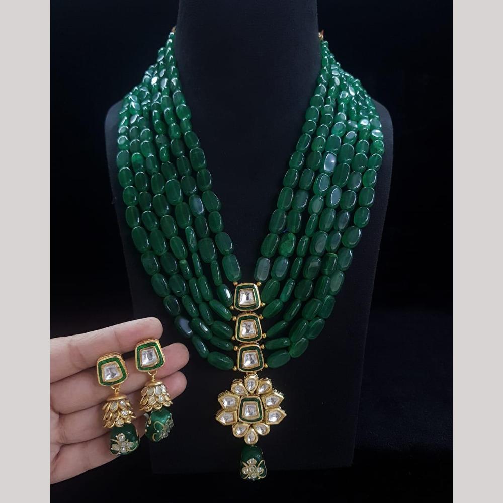 FS Collection Designer Gold Plated Kundan & Beads Multi Layer Long Necklace Set