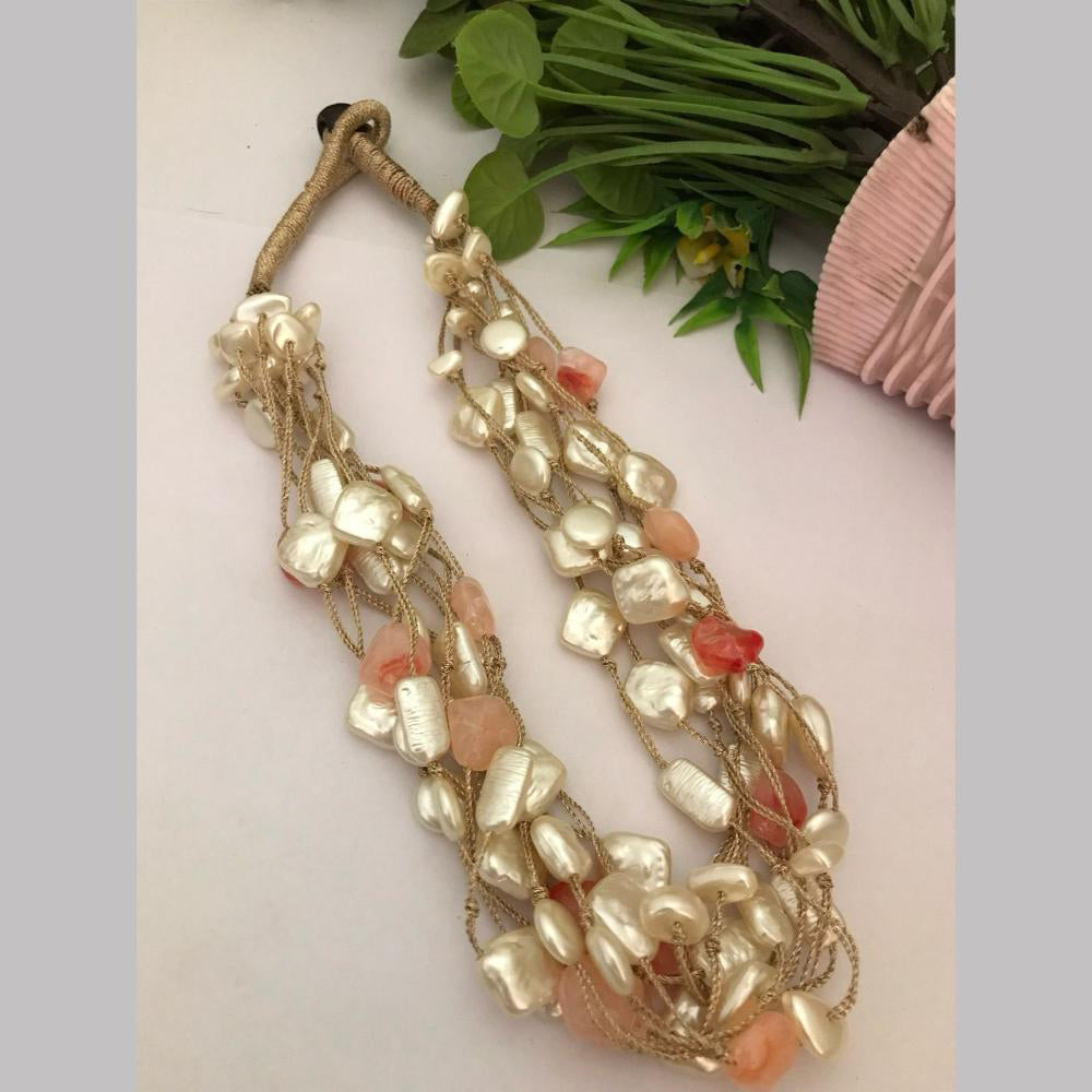 FS Collection Gold Plated Mother Of Pearls Multi Layer Long Necklace Set