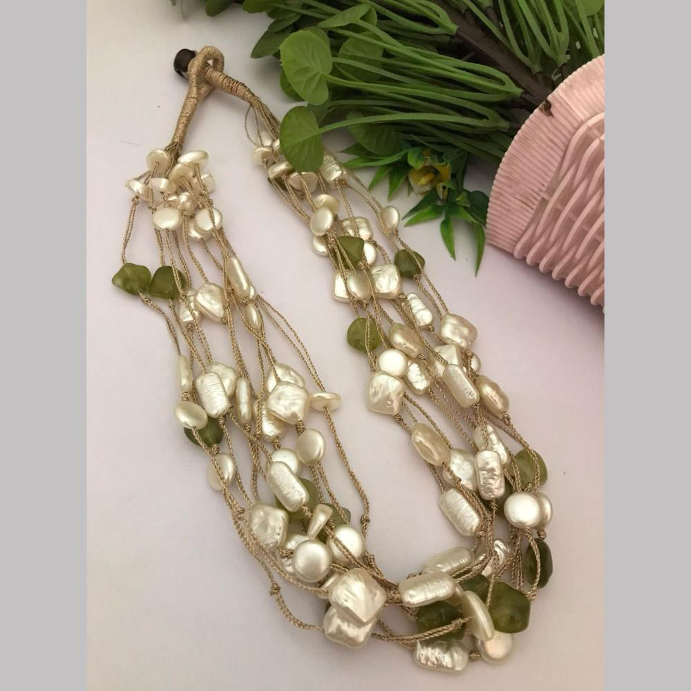 FS Collection Gold Plated Mother Of Pearls Multi Layer Long Necklace Set