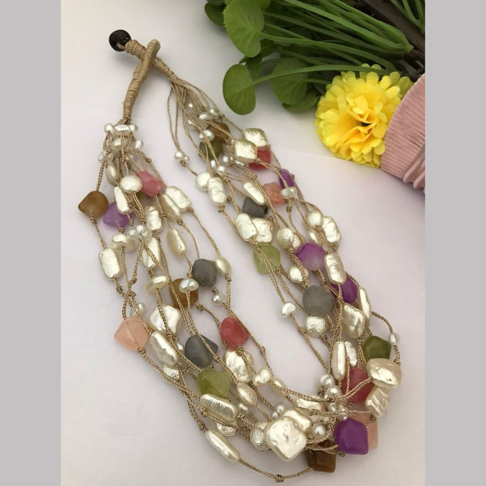 FS Collection Gold Plated Mother Of Pearls Multi Layer Long Necklace Set