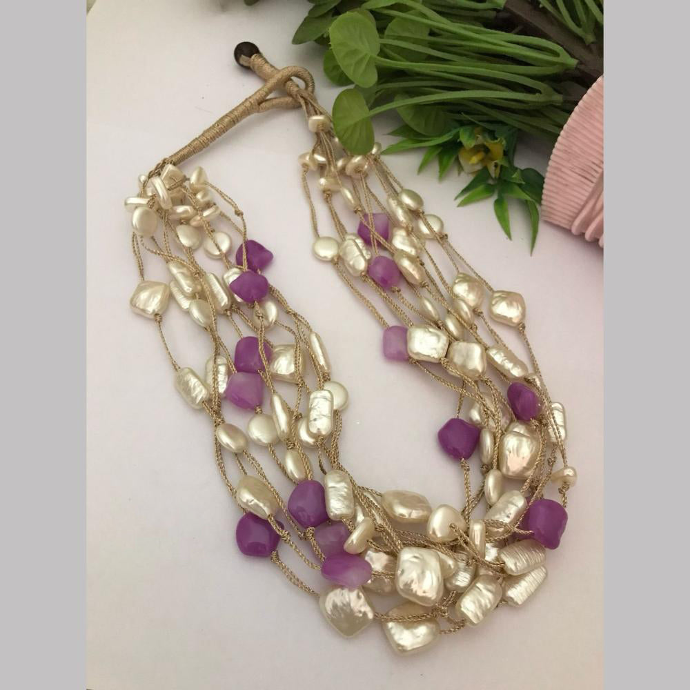 FS Collection Gold Plated Mother Of Pearls Multi Layer Long Necklace Set