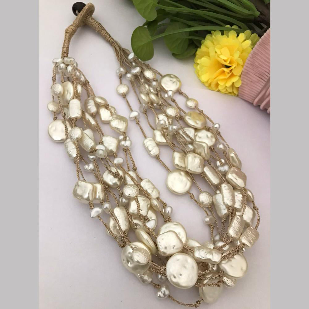 FS Collection Gold Plated Mother Of Pearls Multi Layer Long Necklace Set