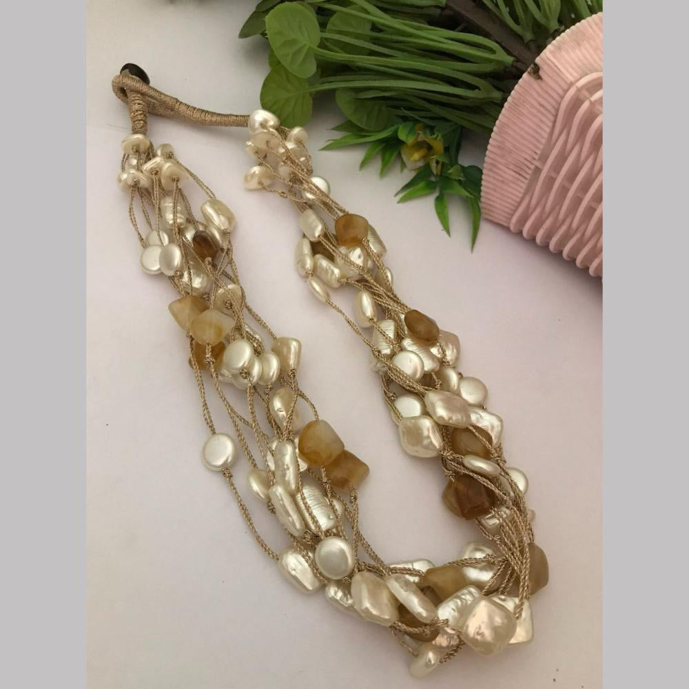 FS Collection Gold Plated Mother Of Pearls Multi Layer Long Necklace