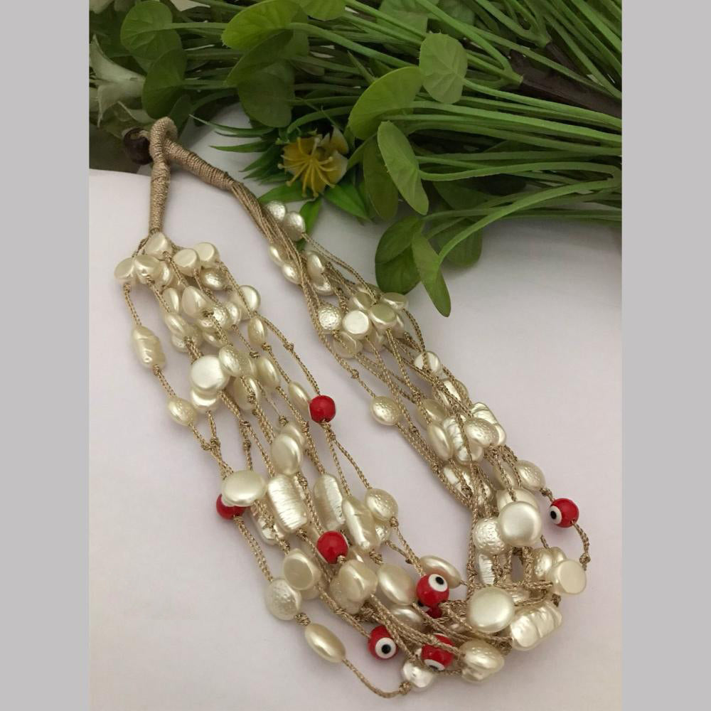 FS Collection Gold Plated Mother Of Pearls Multi Layer Long Necklace