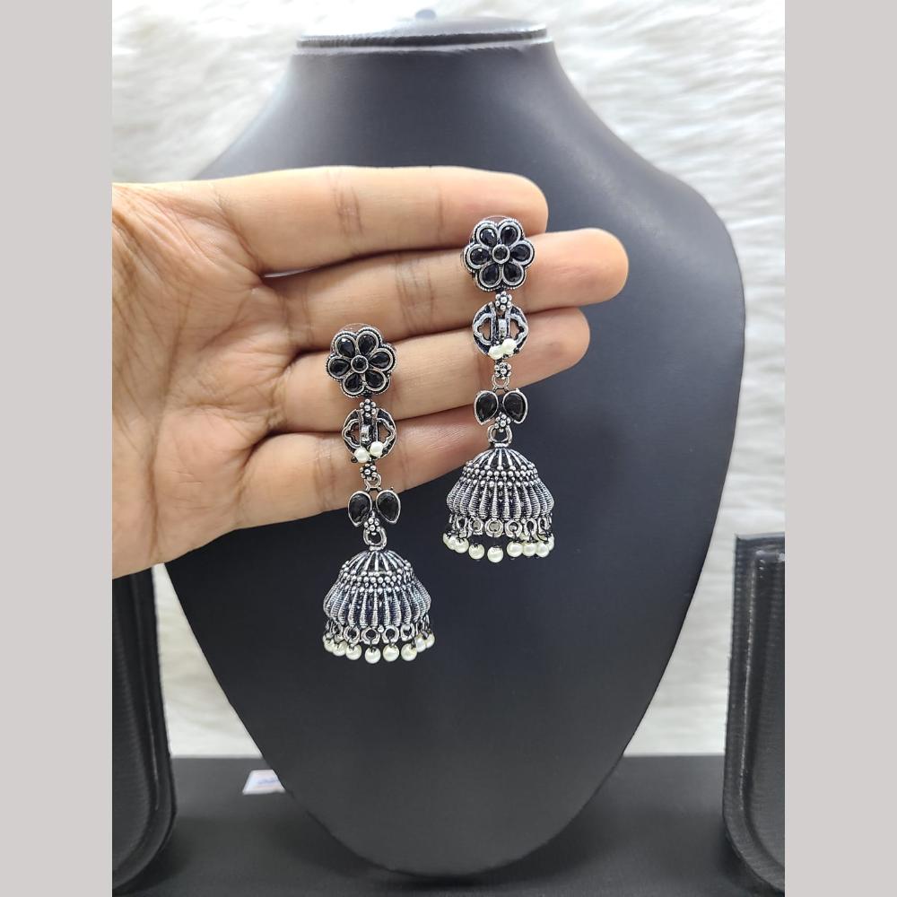 FS Collection Oxidised Plated Pota Stone And Pearl Embellishments Jhumki Earrings