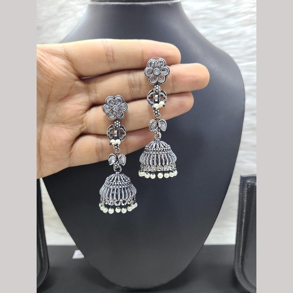 FS Collection Oxidised Plated Pota Stone And Pearl Embellishments Jhumki Earrings