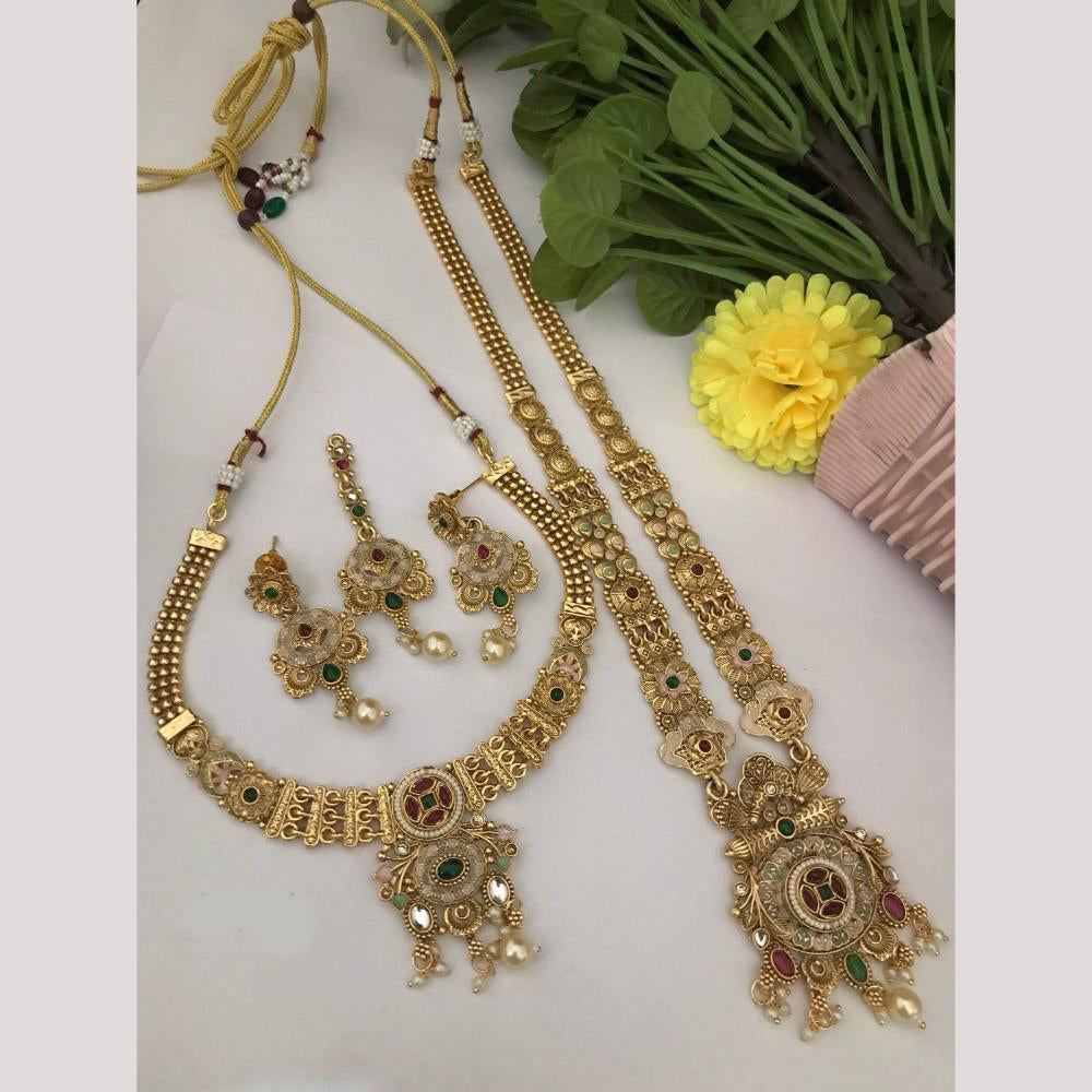 FS Collection Gold Finish Pota And Pearl Traditional Meenakari Double Necklace Set