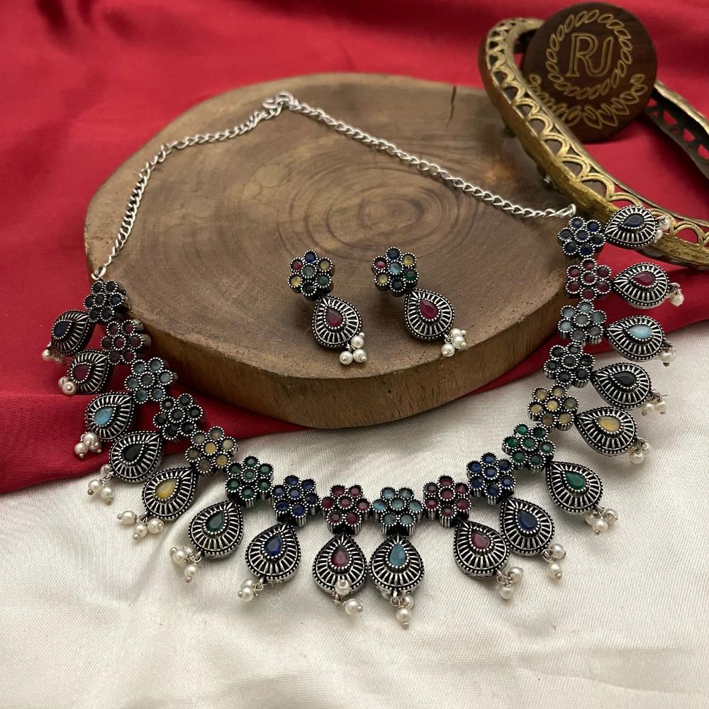 FS Collection Antique Oxidised Plated Multicolor Pota Stones & Pearls Necklace Set