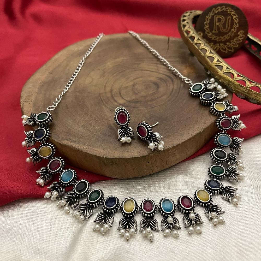FS Collection Antique Oxidised Plated Multicolor Pota Stones & Pearls Necklace Set