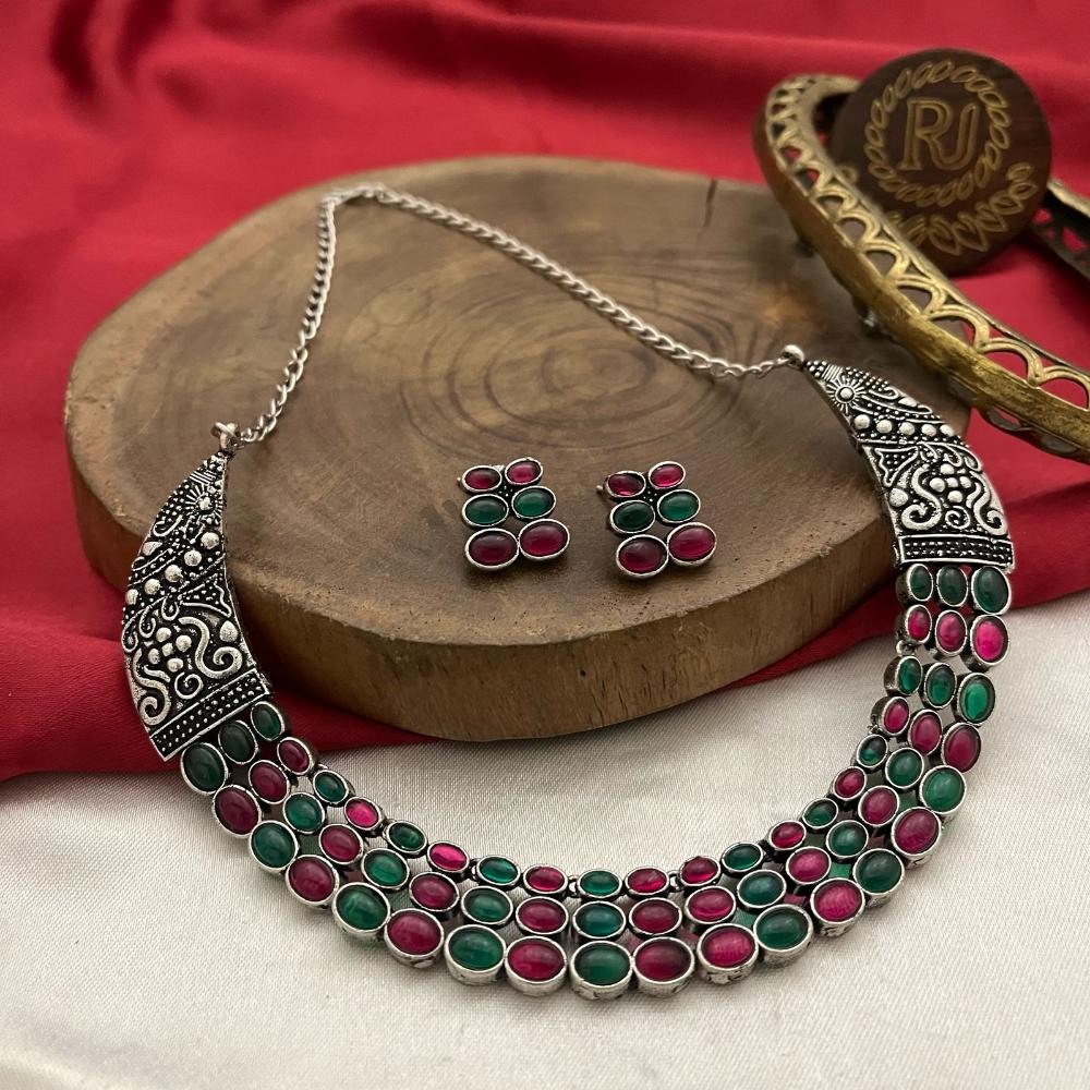 FS Collection Antique Oxidised Plated Green & Pink Color Pota Stones Necklace Set