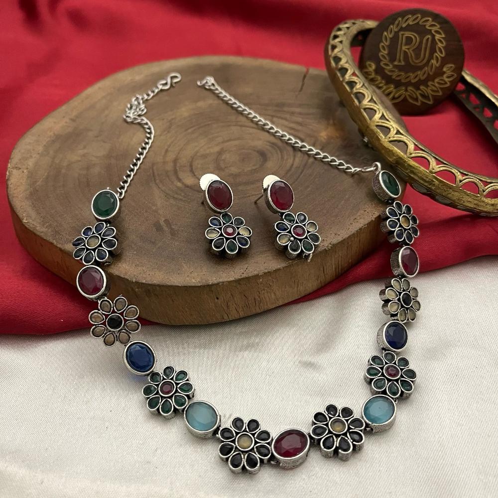 FS Collection Antique Oxidised Plated Multicolor Pota Stones Necklace Set