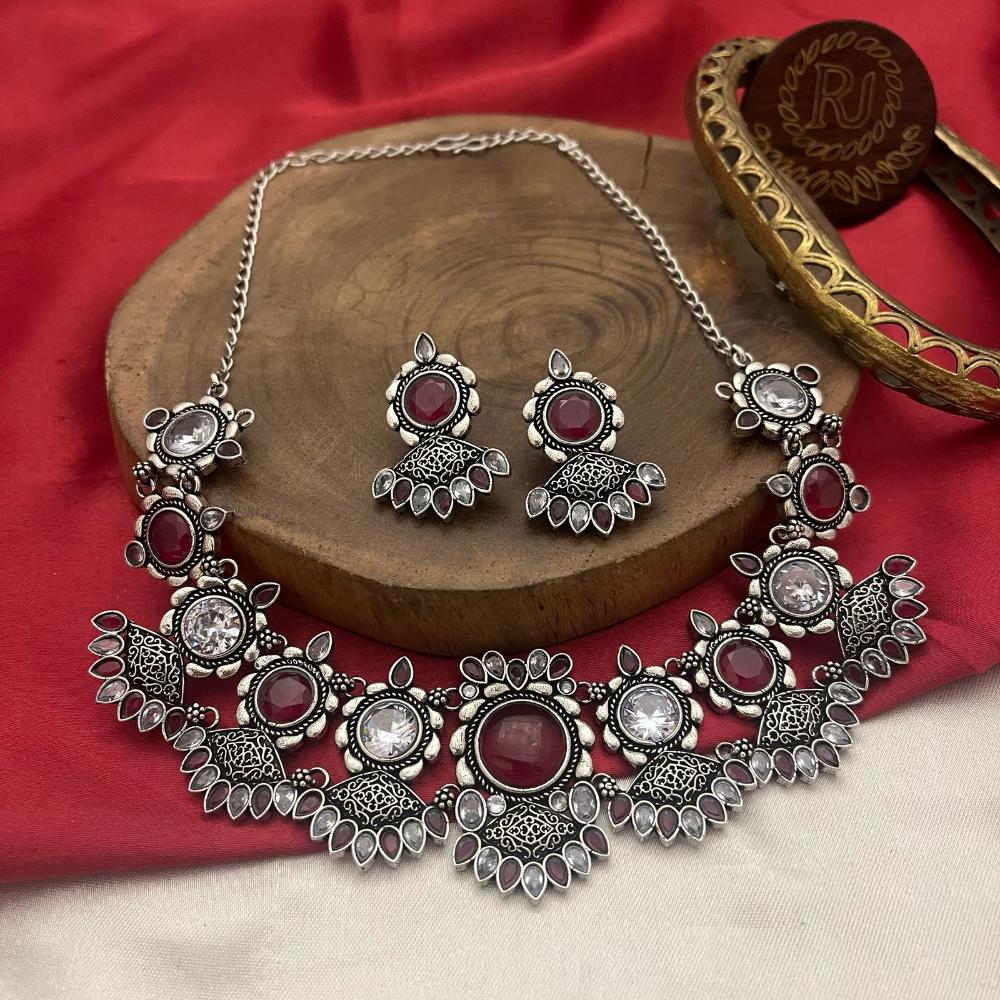FS Collection Antique Oxidised Plated Dark Pink Pota Stones Necklace Set