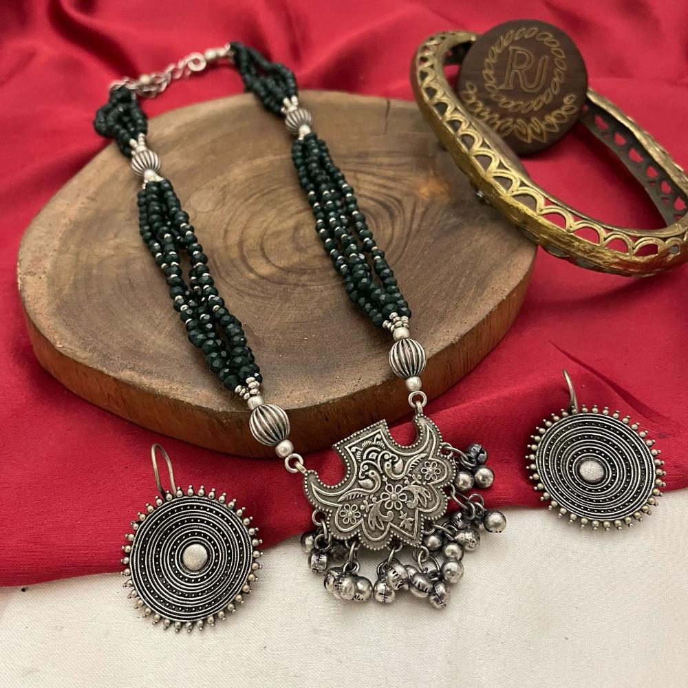 FS Collection Ethnic Oxidised Plated Ghungaroo Detailed Antique Necklace Set  Women & Girls