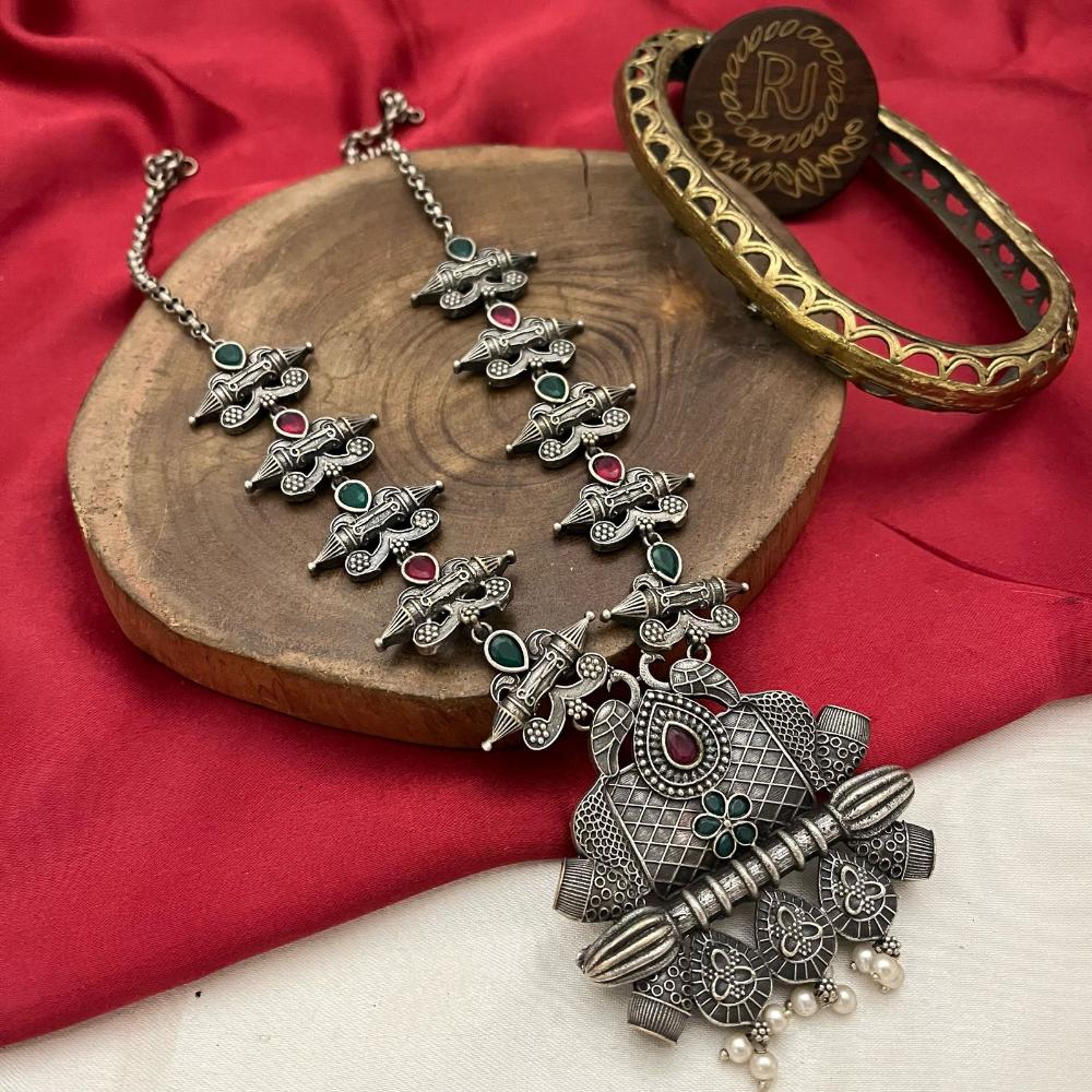 FS Collection Antique Oxidised Plated Pota Stones & Pearls Necklace Set