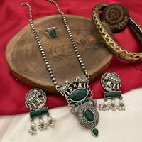FS Collection Antique Oxidised Plated Crystals & Pearls for Women Long Necklace Set