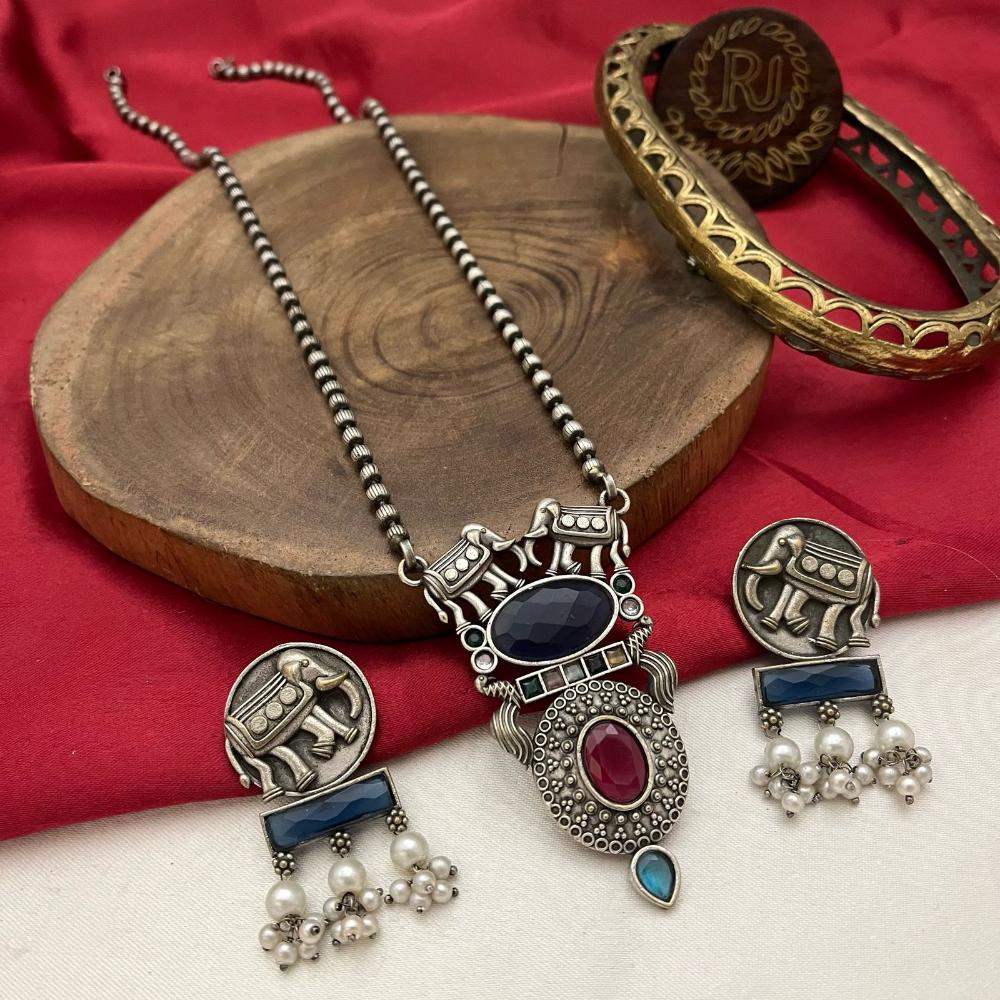 FS Collection Antique Oxidised Plated Crystals & Pearls for Women Long Necklace Set