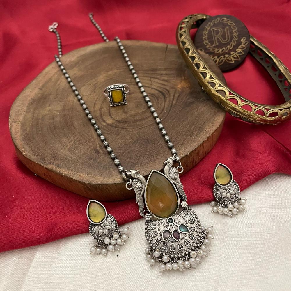FS Collection Antique Oxidised Plated Crystals & Pearls for Women Long Necklace Set