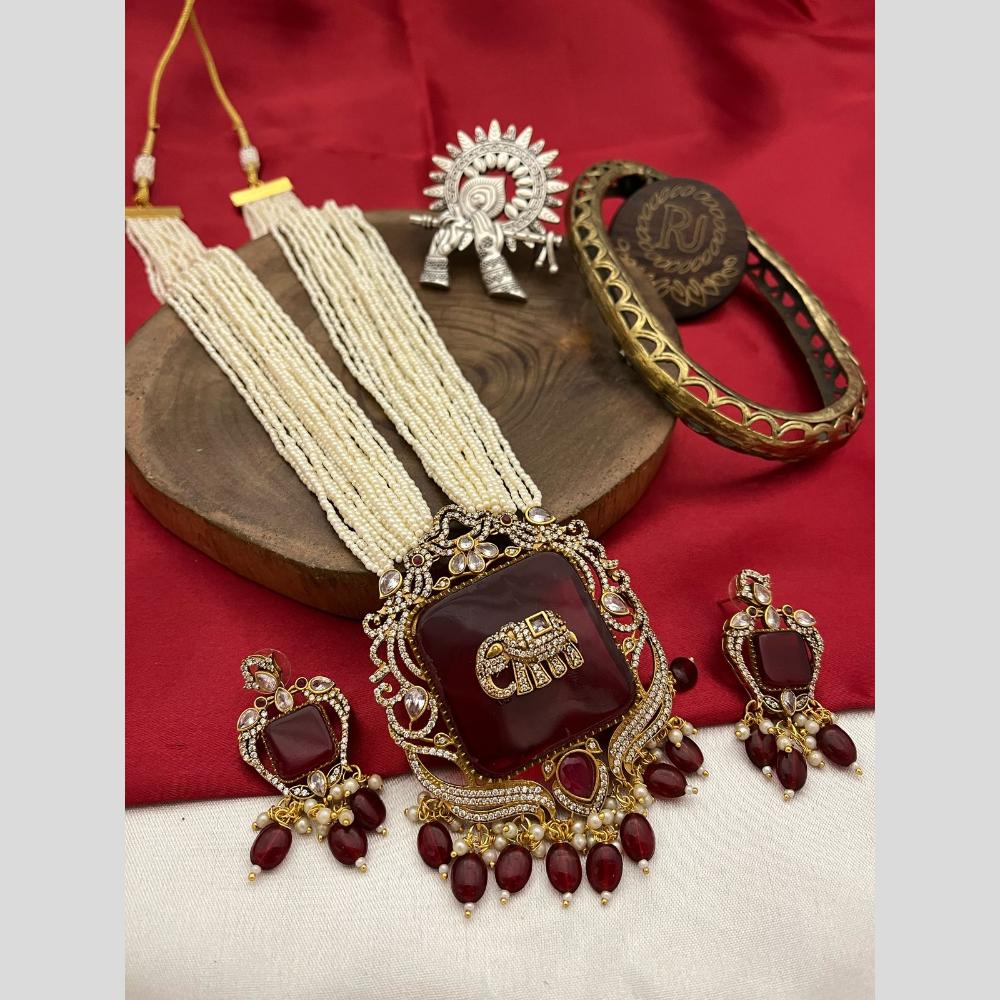 FS Collection Elegant Gold Plated with Austrian Stones & Pearls Long Necklace