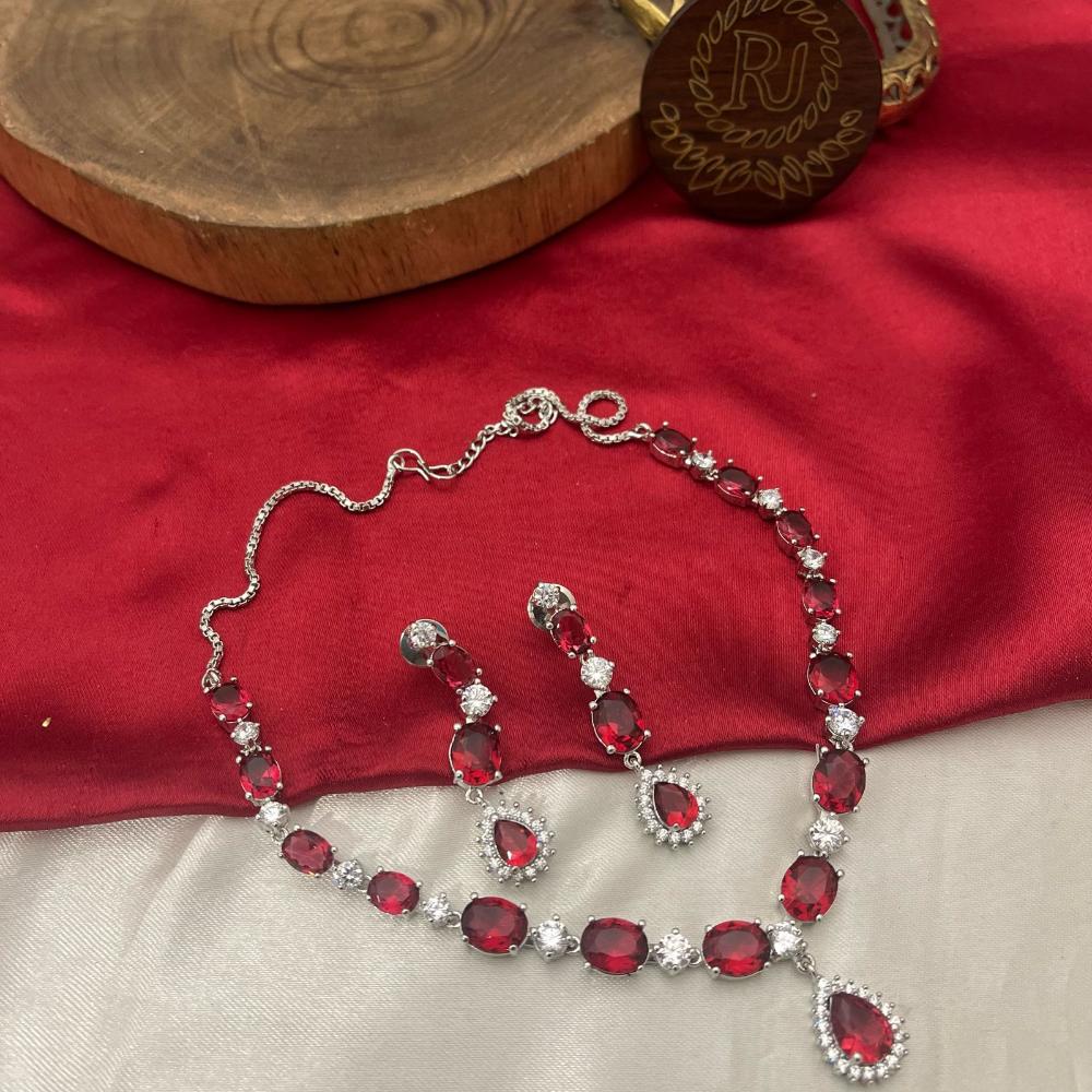 FS Collection Red Stone Silver Plated American Diamond Necklace Set