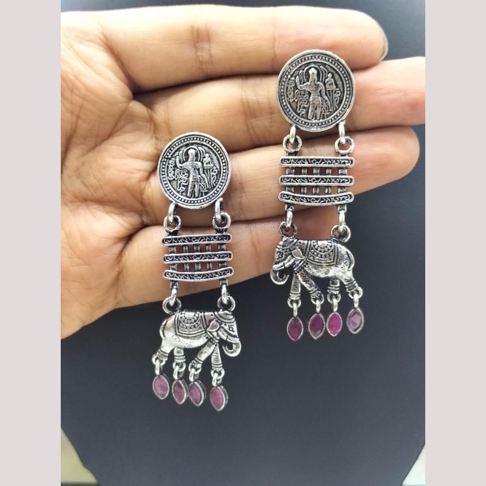 FS Collection Antique Oxidised Plated Stylish Pota Stones Dangler Earrings