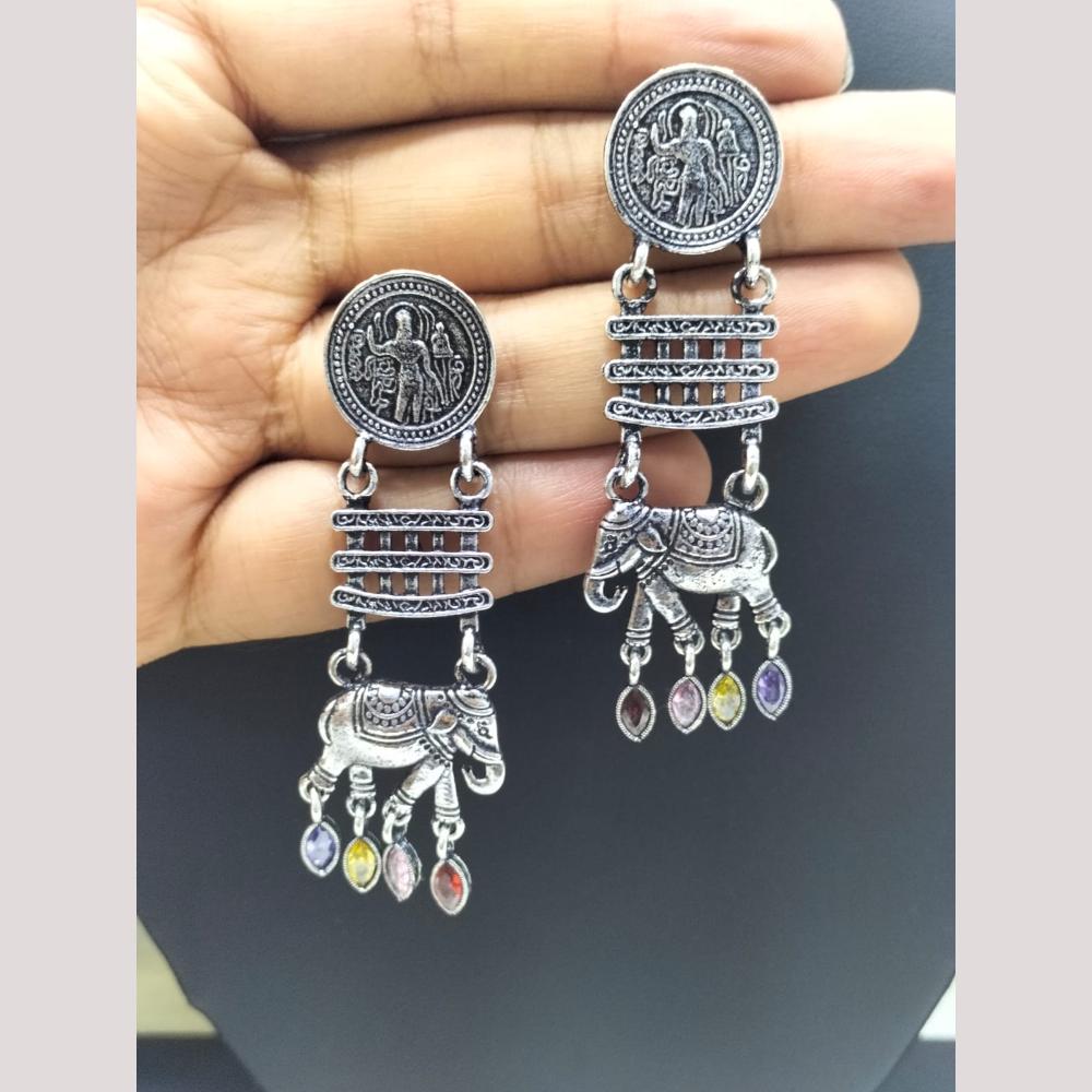 FS Collection Antique Oxidised Plated Stylish Pota Stones Dangler Earrings