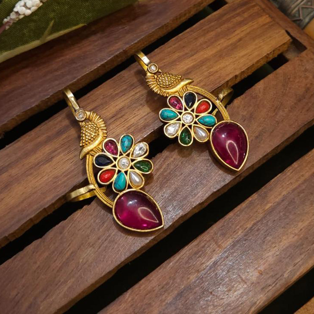 FS Collection Stylish Gold Plated Pota Stone Earcuff Earrings