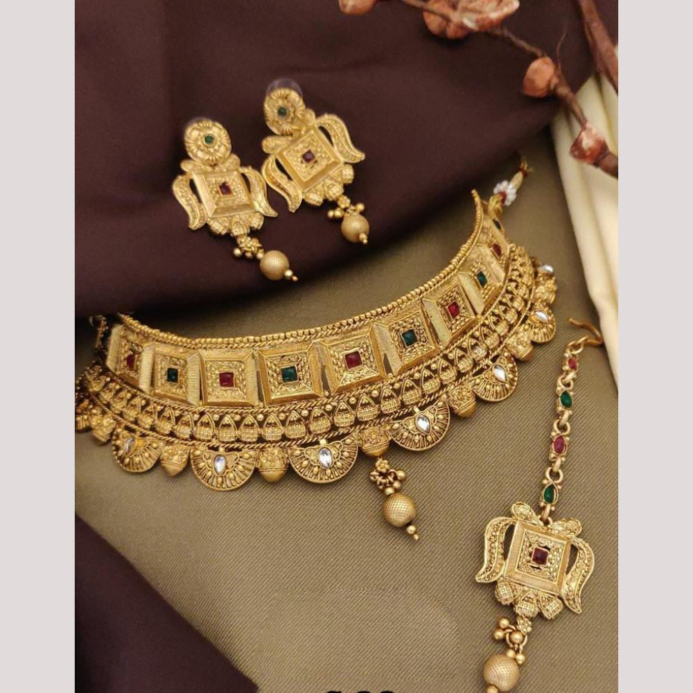 FS Collection Elegant Gold Plated  Pota Stones Perfect for Weddings, Festivals Choker Necklace Set