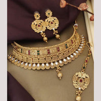 FS Collection Elegant Gold Plated  Pota Stones Perfect for Weddings, Festivals Choker Necklace Set