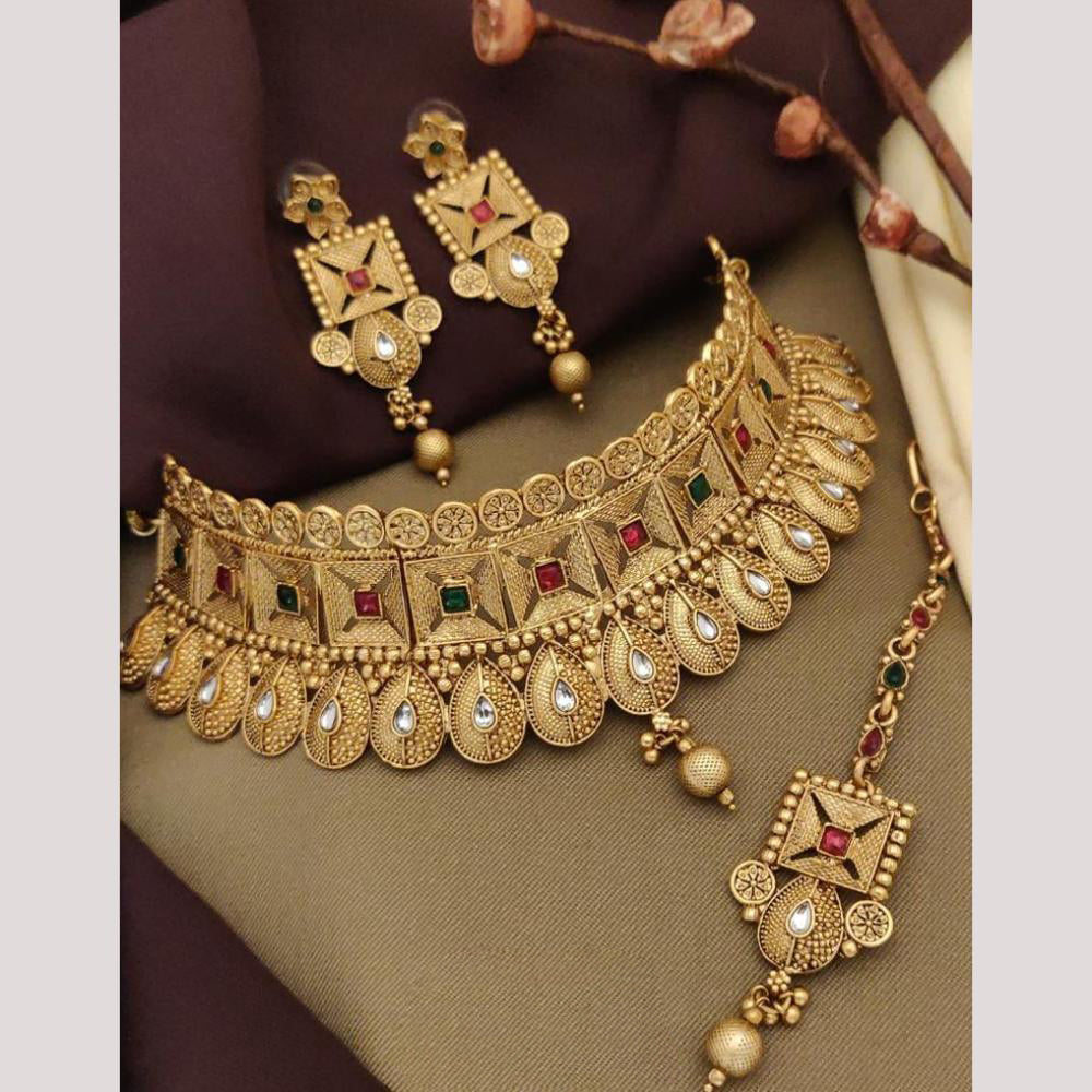 FS Collection Elegant Gold Plated  Pota Stones Perfect for Weddings, Festivals Choker Necklace Set