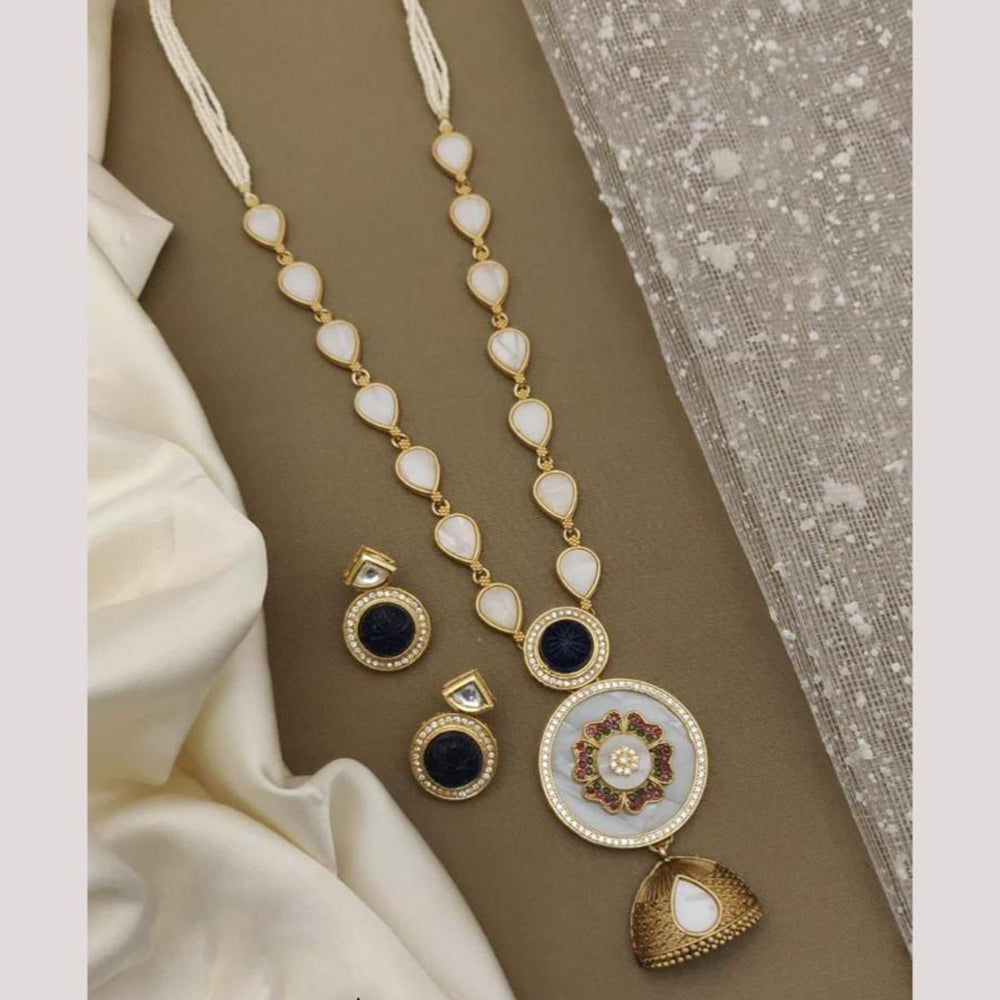 FS Collection Designer Gold Plated Austrian Stones and Pearls Perfect for Modern Looks Long Necklace Set